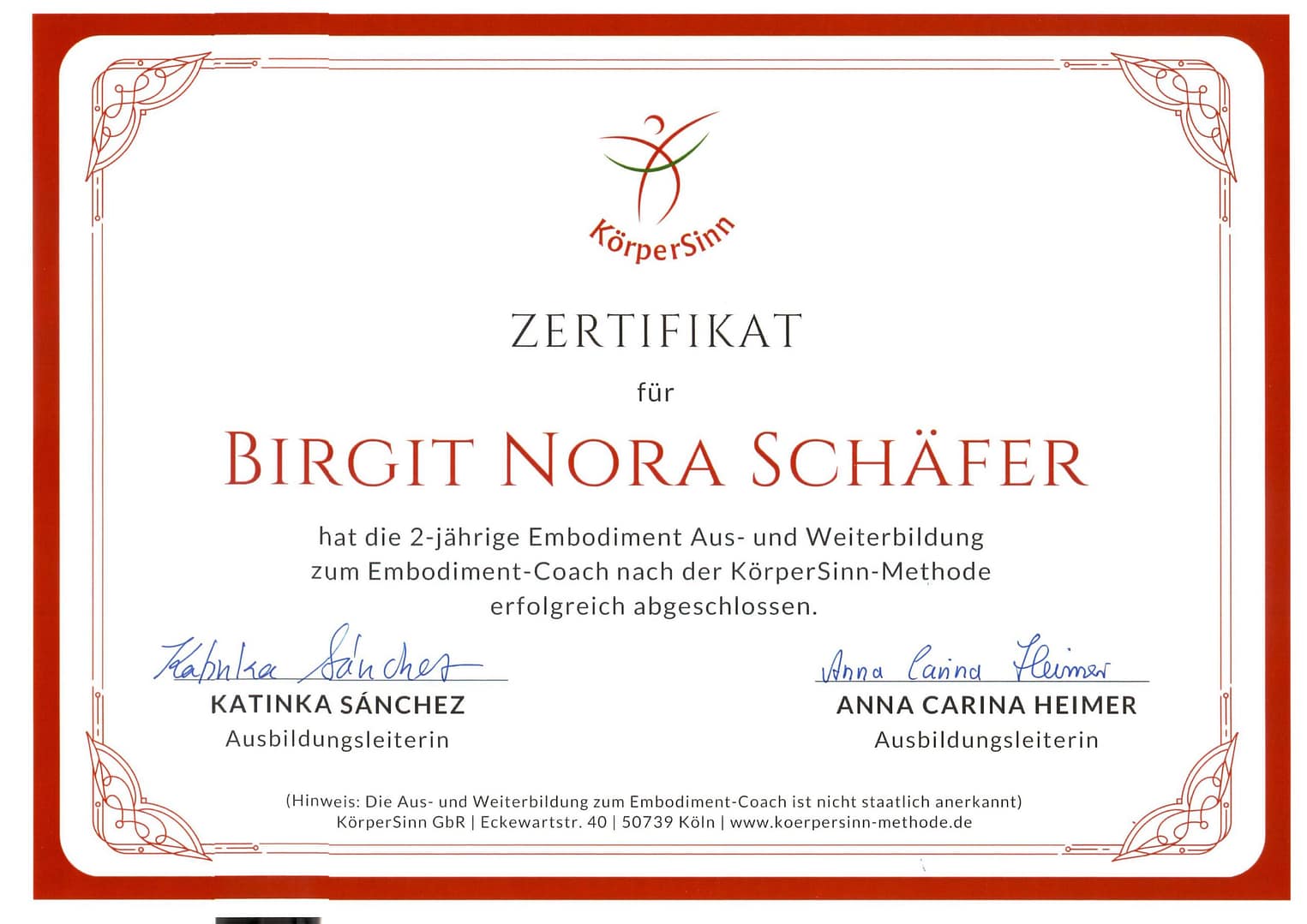 Zertifikat von KörperSinn für Birgit Nora Schäfer