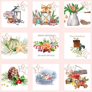 Weihnachtliche Illustrationen mit Adventskalenderzahlen