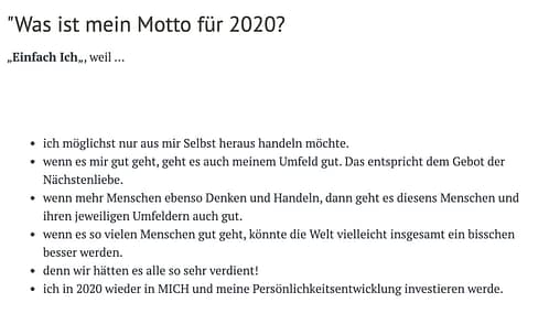 Text mit Liste persönlicher Mottos für 2020