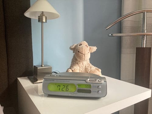 Plüschschaf sitzt auf einem Radiowecker