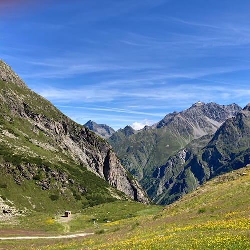 Grünes Tal und Berge unter blauem Himmel