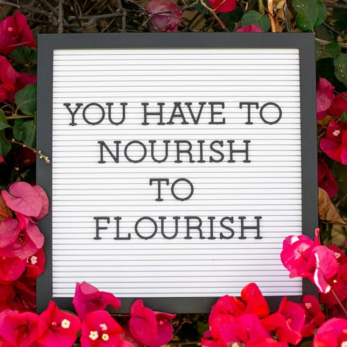 birgit-nora-schaefer-motivation-buchstabentafel-mit-aufschrift-you-have-to-nourish-to-flourish-1000x1000 Schild mit Spruch umgeben von roten Blumen