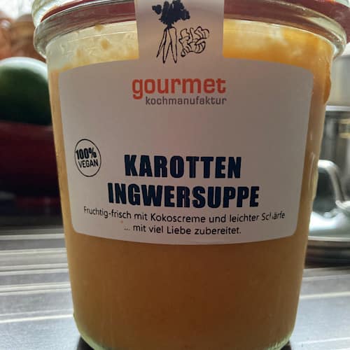 77892A3E-2045-4C09-A108-37853E55C549 Veganes Karotten-Ingwersuppe Glas mit Etikett