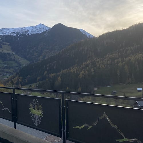 AD7B6CA7-01C2-4322-87F6-6A366553E736 Blick von Balkon auf verschneite Berge und Wald