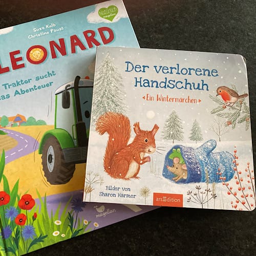 CC80AF83-6B43-46BD-A860-EFBA69F8C4D0 Kinderbücher mit Tieren und Fahrzeugen auf Tisch