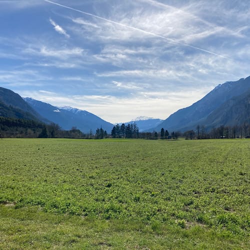 Grüne Wiese vor Alpenpanorama beim Osterspaziergang unter blauem Himmel in Tirol