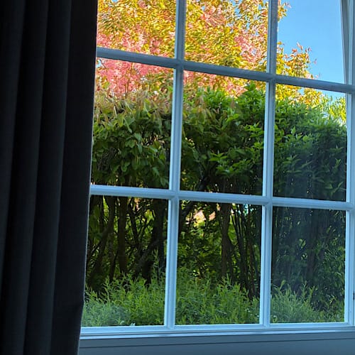 Blick durch ein Fenster auf grünen Garten
