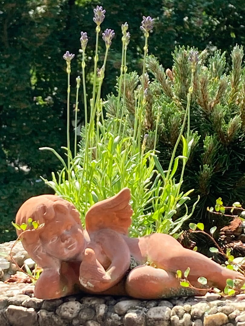 Engel-Figur zwischen Lavendel und Kieselsteinen