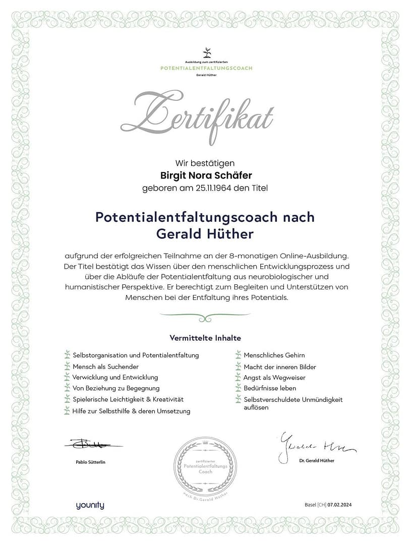Ausbildungszertifikat für Birgit Nora Schaefer zum Potentialentfaltungscoach nach Gerald Huether